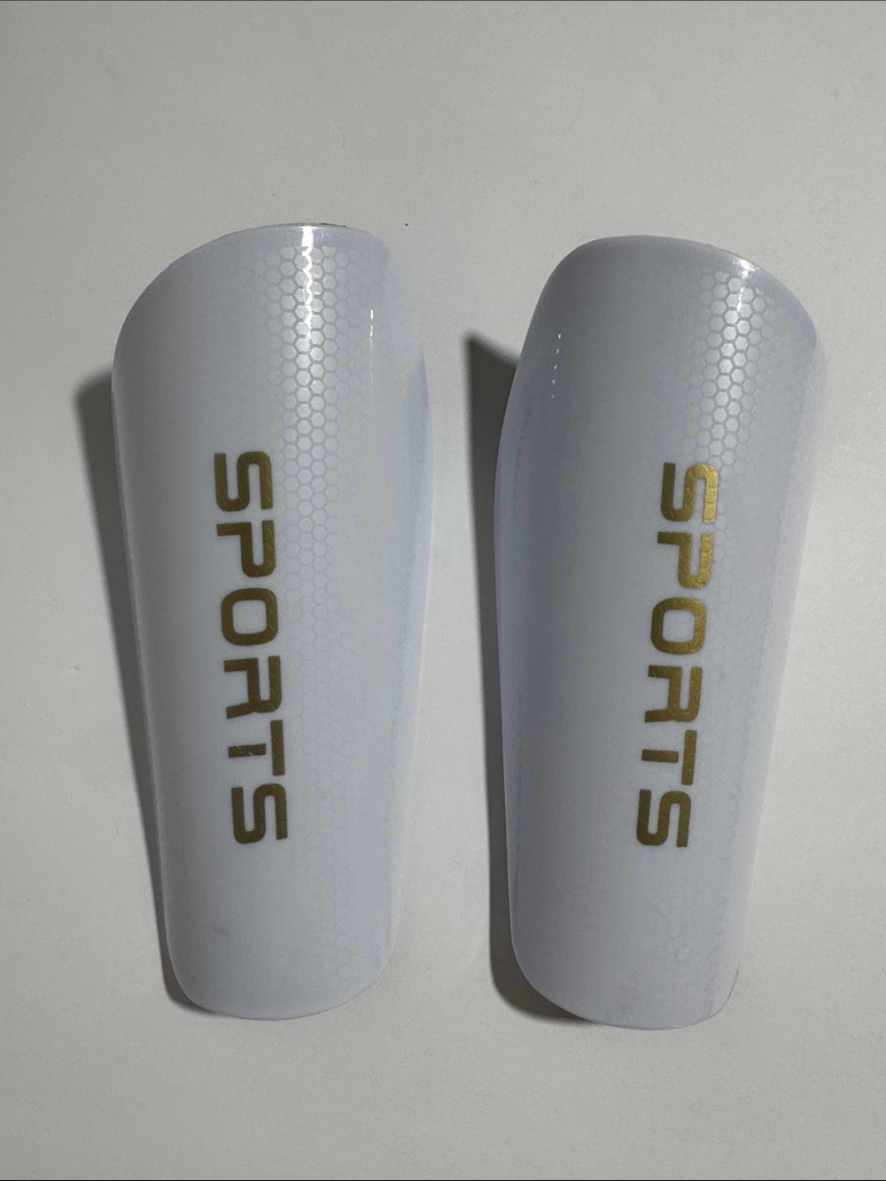 Sports White Kids Soccer Shinguards with Gold SPORTS Logo